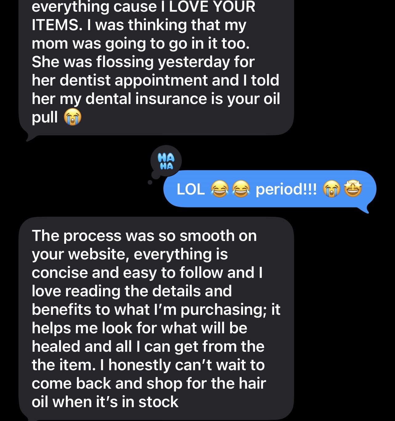 Customer testimonial about site experience and products